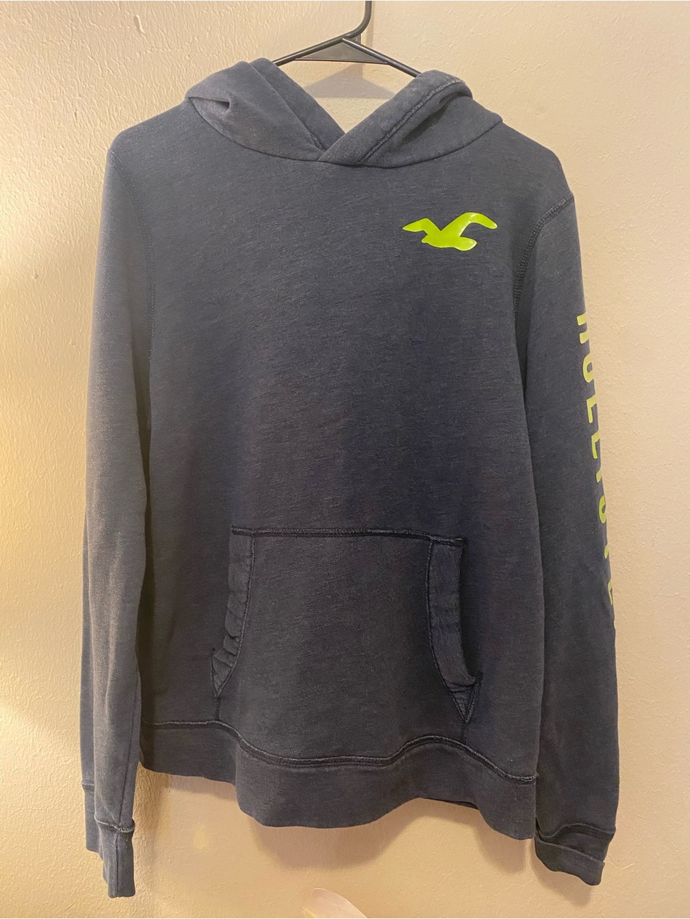 Hollister Men’s Blue-Grey Hooded Sweatshirt SzL Lime Green Accents